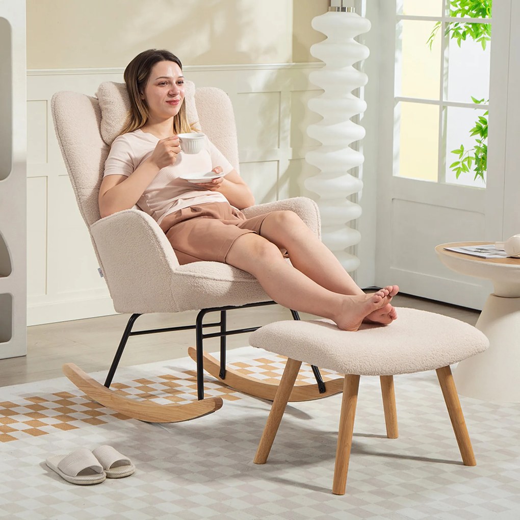 HOMCOM Fotel bujany z podnóżkiem, miękki polar, drewniane nogi, poduszka, wysokie oparcie, fotel bujany, Beżowy | Aosom PL