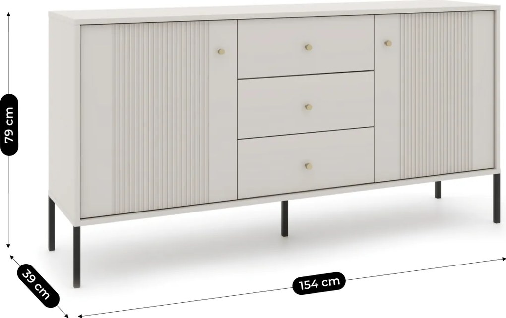 Komoda do Salonu Sypialni SOFT 154 cm Kaszmir Ryflowana Dwudrzwiowa z Szufladami Nowoczesna