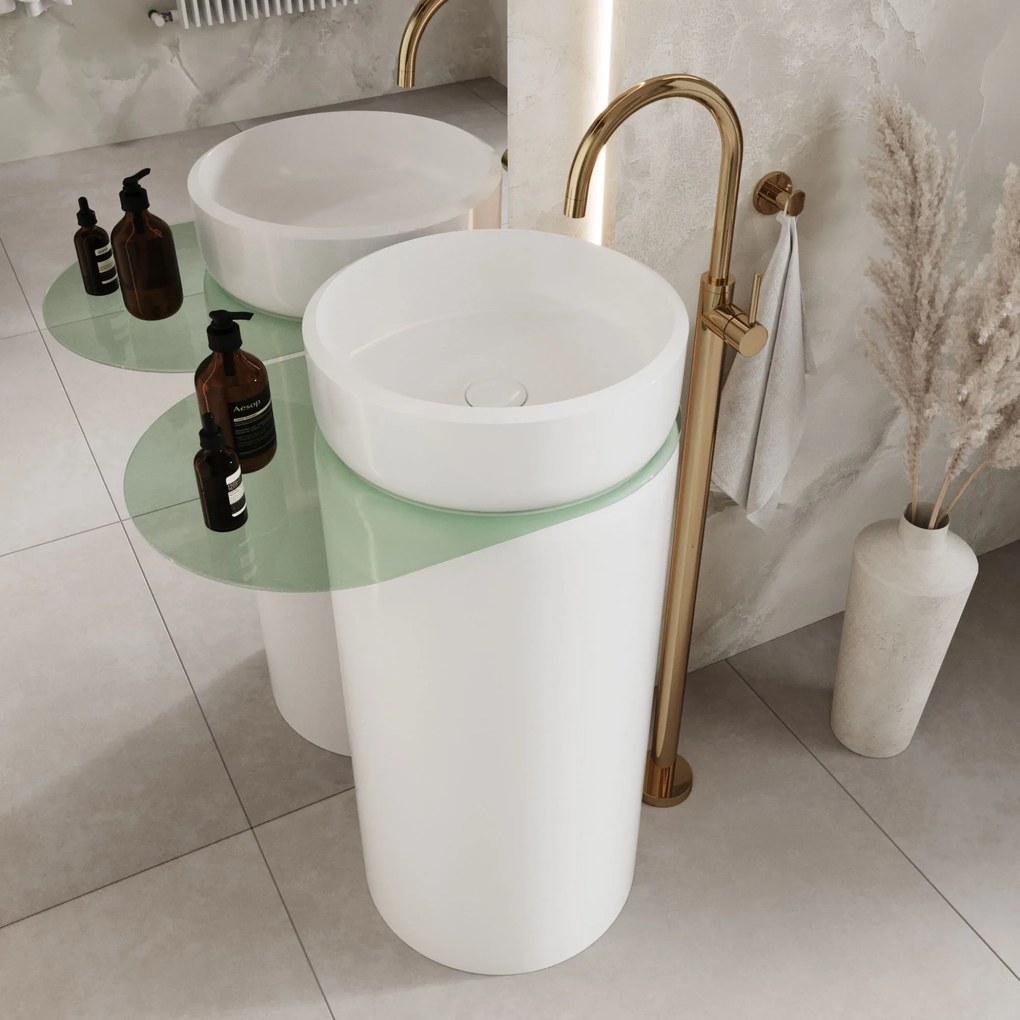 Umywalka z konglomeratu wolnostojąca okrągła z półką szklaną 85 x 40 cm RONA bez przelewu | Różne kolory półki : Kolor szkła - Czarny, Kolor umywalki RONA - Biały połysk, Podłączenie syfonu - Do ściany, Półka - Szklana