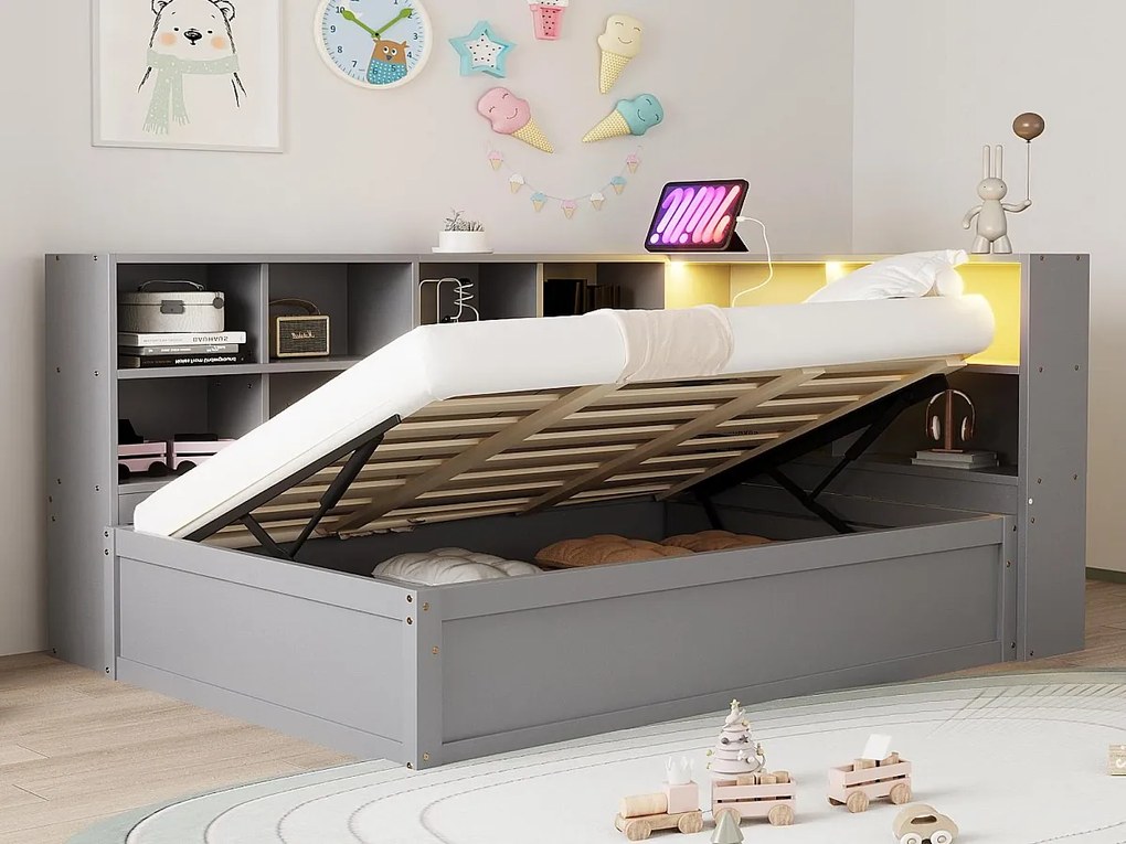 Kanapa rozkładana z pojemnikiem 90x200 cm - z gniazdkiem i schowkiem - z listwą świetlną - szary (bez materaca)