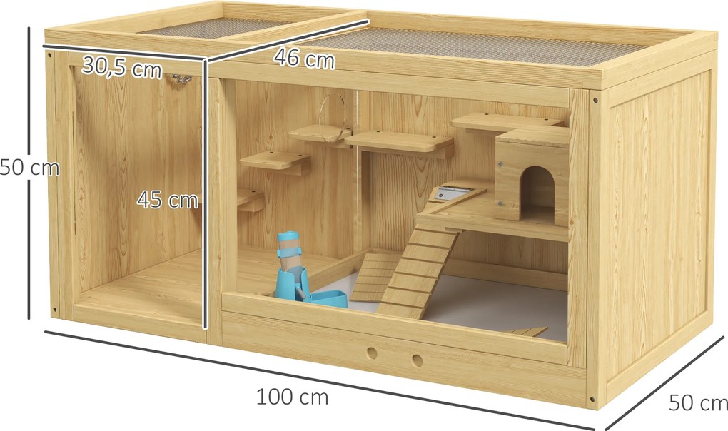 PawHut Klatka dla małych zwierząt z drewna świerkowego z akcesoriami i poidełkiem 100x50x50 cm naturalna | Aosom PL