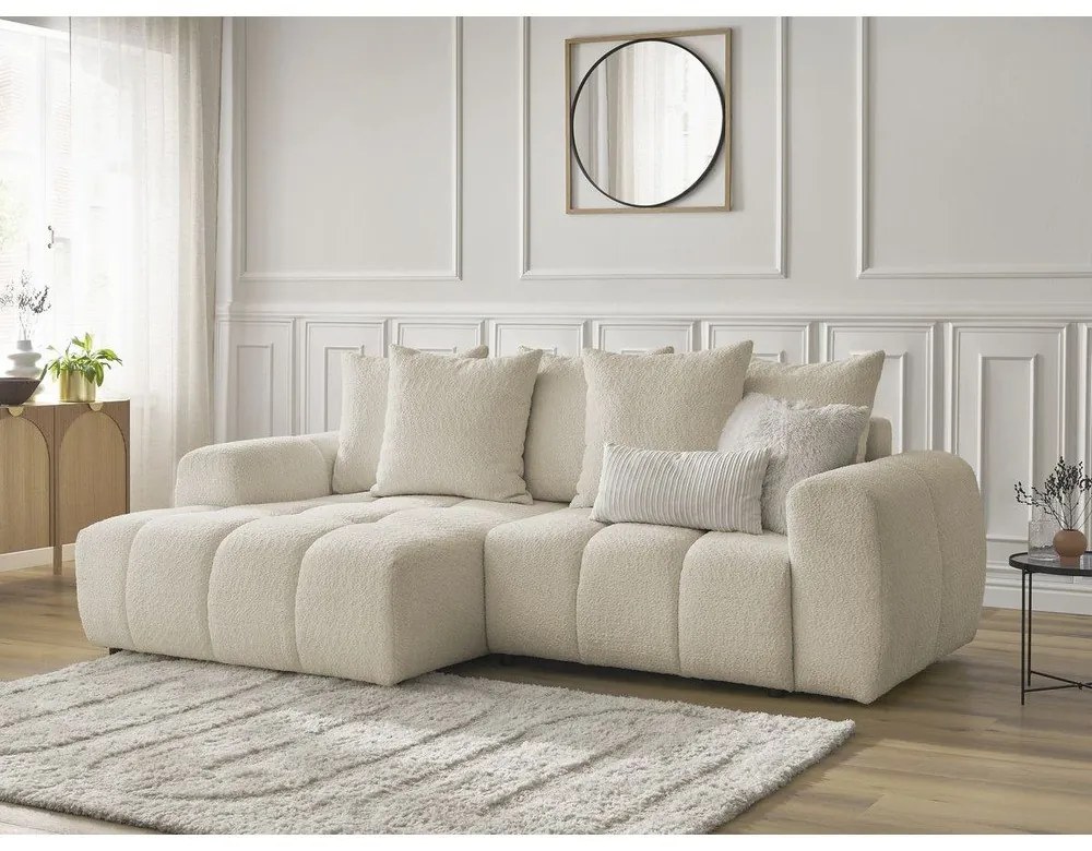 Beżowy rozkładany/ze schowkiem narożnik z materiału bouclé (lewostronny/z szezlongiem) Roxelane – Bobochic Paris