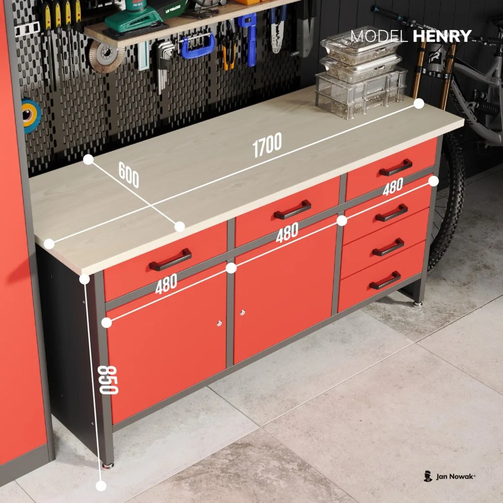 Duży stół warsztatowy z szafkami i szufladami Henry czarny