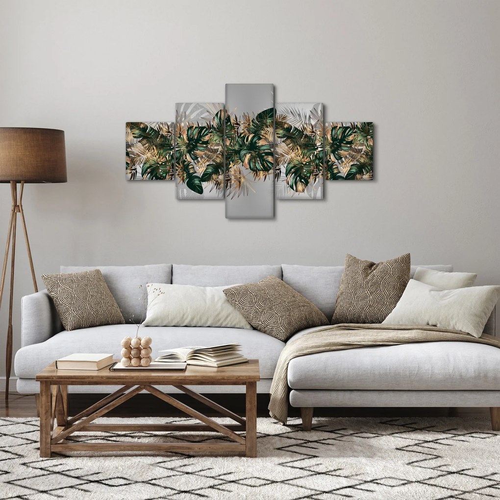 Obraz - Złoto - zielone tropikalne liście (125x70 cm)