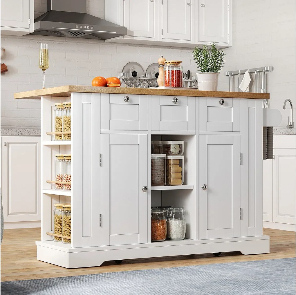 Mobilna wyspa kuchenna z 3 szufladami, 2 drzwiami i półkami - rozkładany blat - 132 x 40/70 x 87 cm - drewno MDF - biały + naturalny