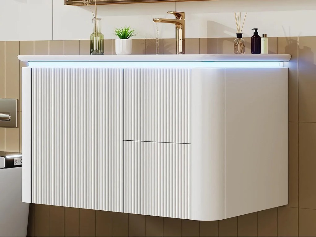 Wiszący mebel łazienkowy - 80,5x47,5x51 cm - z ceramiczna umywalką - 4 szuflady - z LED - Biały