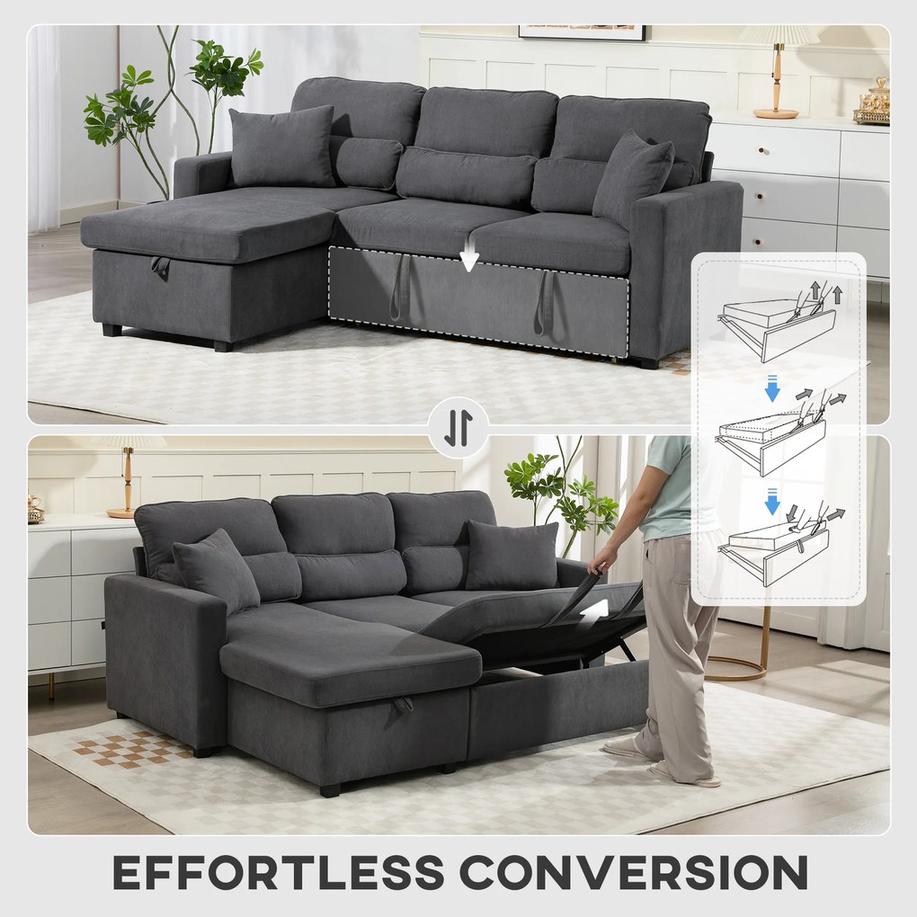 HOMCOM Regulowana sofa rozkładana w kształcie L, narożna sofa dla gości z funkcją łóżka, schowkiem, poduszkami, do salonu, pokoju gościnnego, szara