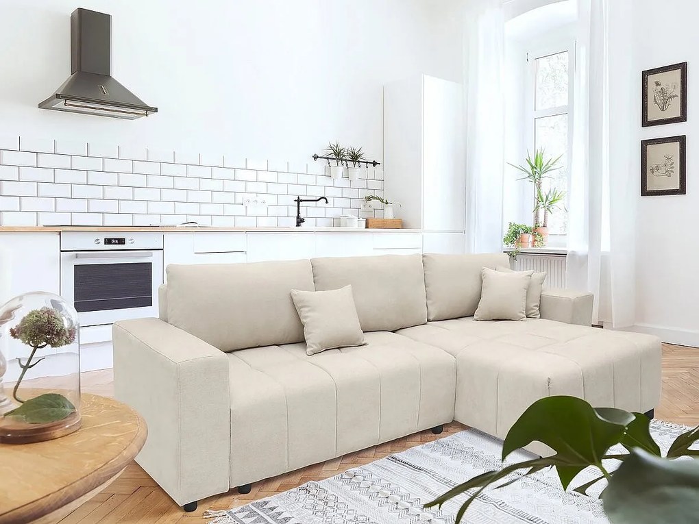 Rozkładany narożnik 4-osobowy "George" z beżowej tkaniny chenille z pojemnikiem i odwracalnym narożnikiem