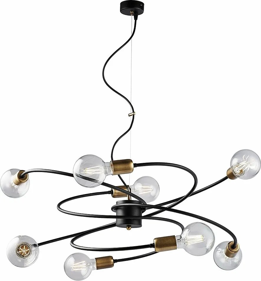 Vortex lampa wisząca czarne żelazo, szczotkowany mosiądz, regulowany kabel, 8 lamp, Ø70 cm