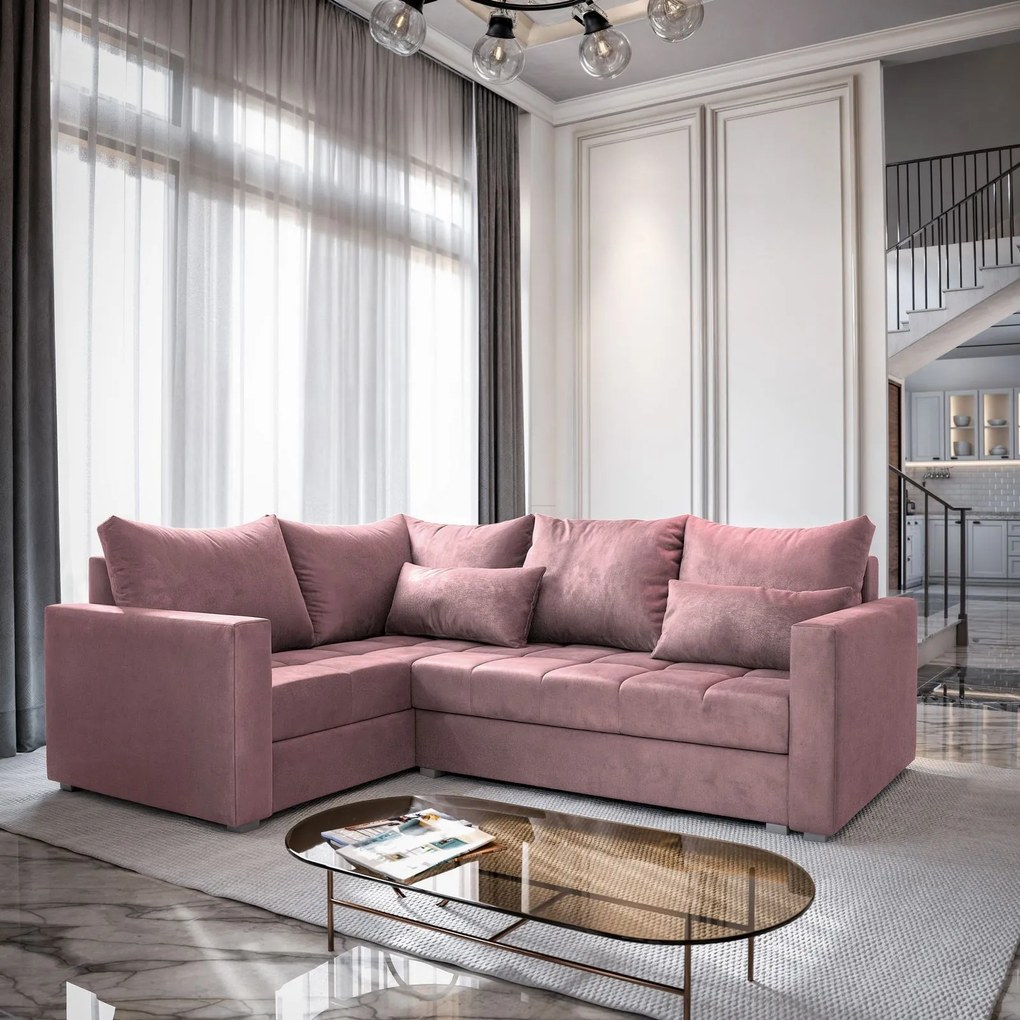 Masseno Narożnik LIRENO z funkcją spania i pojemnikiem na pościel Narozniki L, Rozkładana sofa - Pudrowy róż, KRONOS 27
