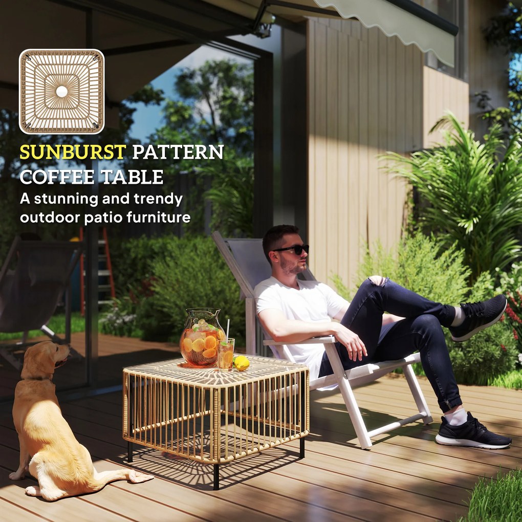 Outsunny Stół ogrodowy Polyrattan, 65 x 65 x 43 cm, odporny na warunki atmosferyczne kwadratowy z blatem ze szkła kolor naturalny
