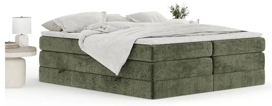 Ciemnozielone łóżko kontynentalne ze schowkiem/bez zagłówka 200x200 cm Juniper – Maison de Rêve