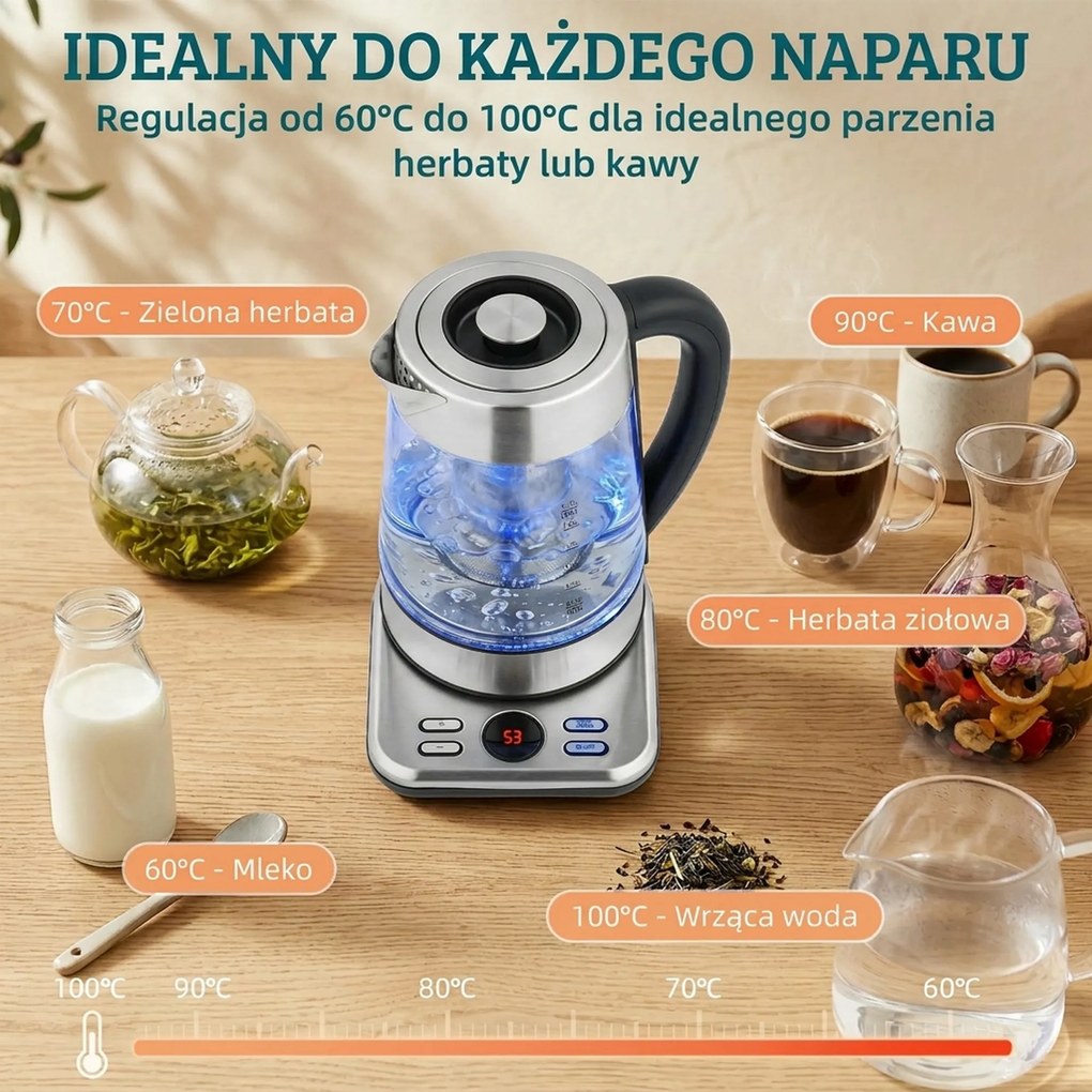 HOMCOM Elektryczny czajnik, 1,7L, szybkie gotowanie, 2200W, z termostatem Strix, sitkiem do herbaty, funkcją utrzymania ciepła | Aosom PL