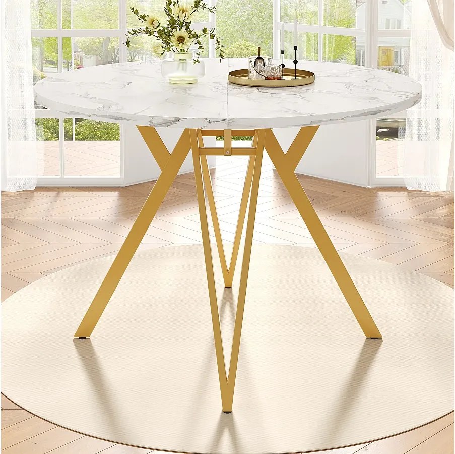 Stół jadalny 4-osobowy - 100 x 100 x 76 cm - okrągły stół z metalowymi nogami - blat marmurkowy MDF - MDF + Metal - biały