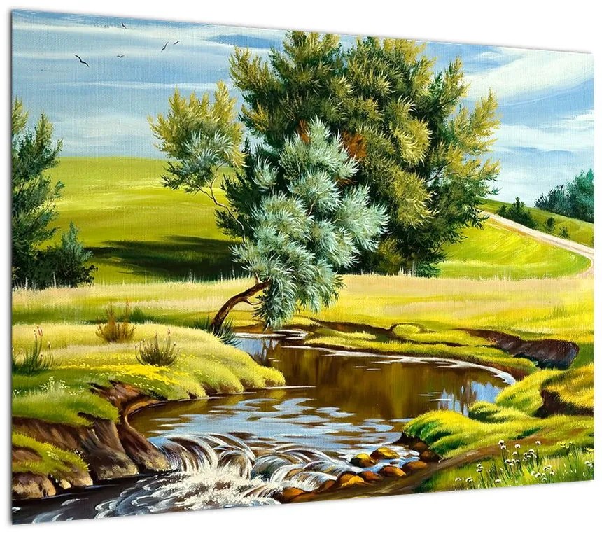 Obraz na szkle - rzeka między łąkami, obraz olejny (70x50 cm)