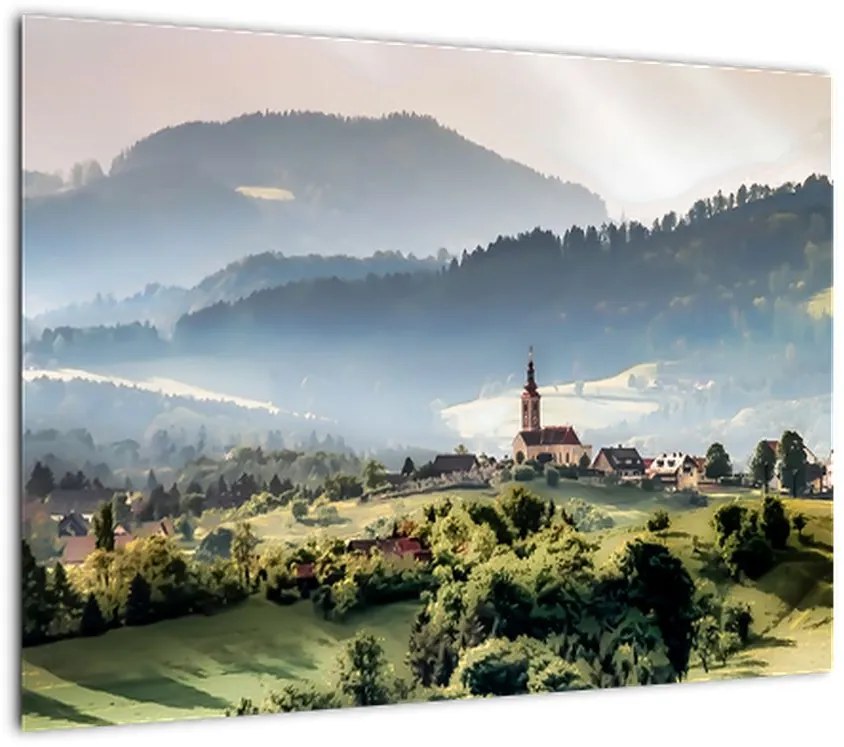 Obraz na szkle - wieś we mgle (70x50 cm)