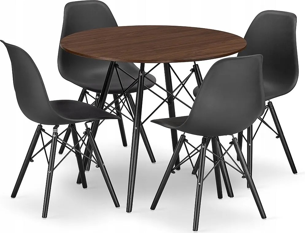 Valora KOVA 80 Okrągły zestaw stołowy z jesionu i czarnych krzeseł do jadalni x4