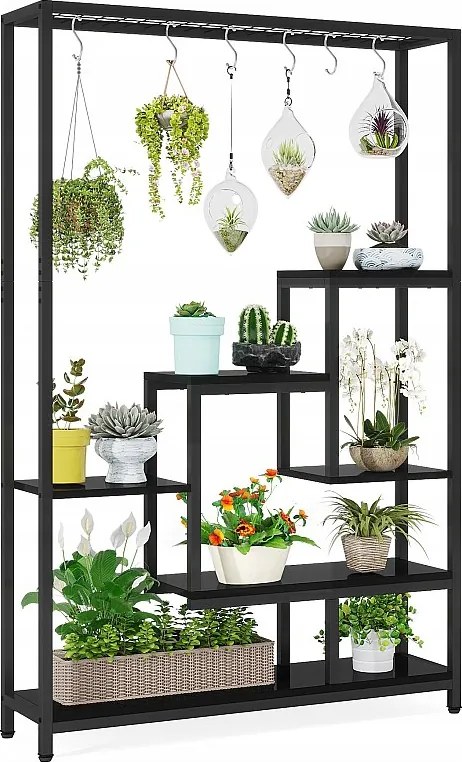 5-poziomowy stojak na rośliny doniczkowe – duża metalowa półka na rośliny o długości 180 cm z 10 haczykami w kształcie litery S – czarny