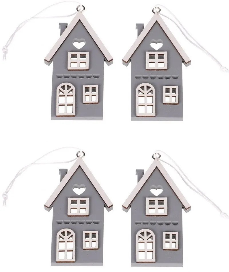 Domek drewniany wiszący, szary, wys. 9 cm, 4 szt.