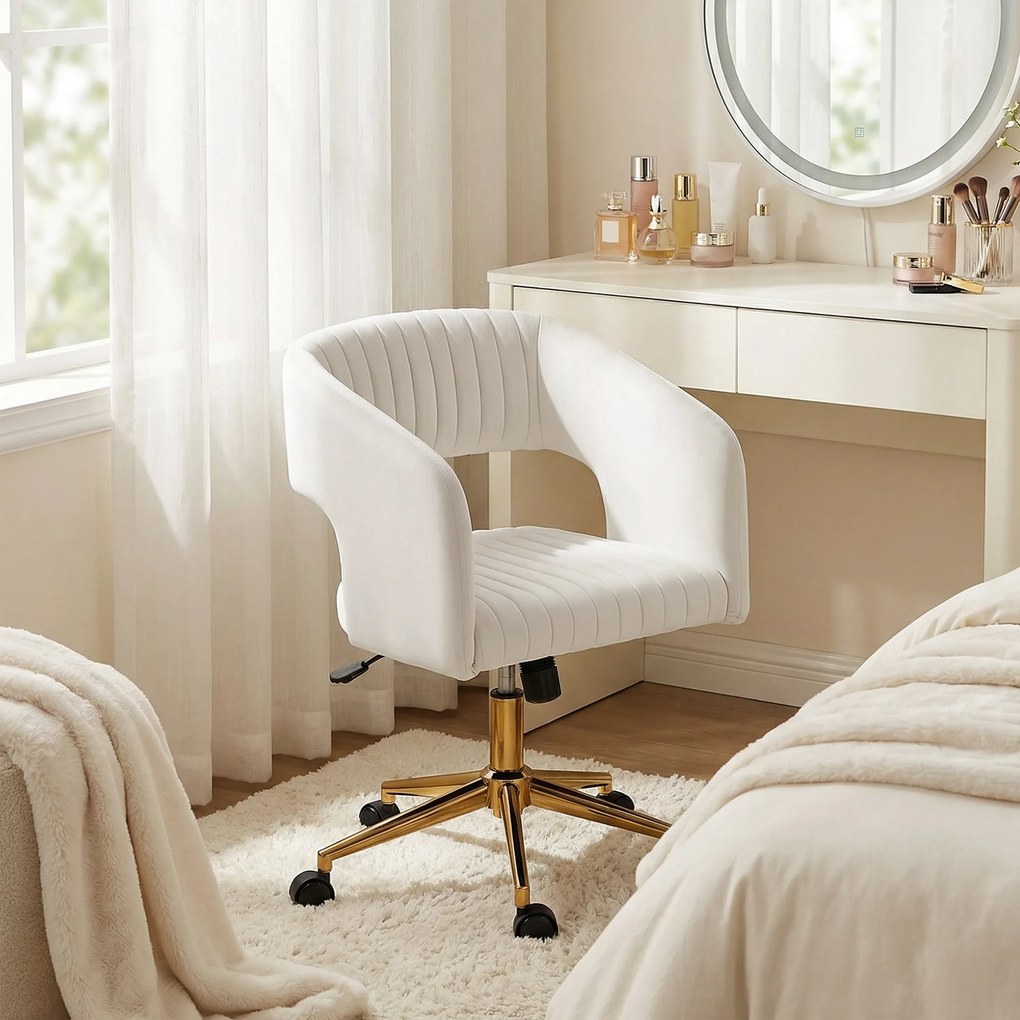 HOMCOM Krzesło Biurowe na Kółkach z Obiciem w Aksamit, Regulacja Wysokości, Funkcja Bujania, Kremowy