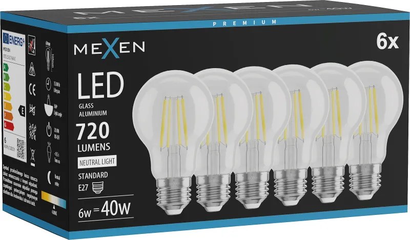 Mexen Vintis 6x żarówka filament LED E27, A60, 6W, Neutralna - 4000K, 720 lm, clear - L150-E27-0640-00x06