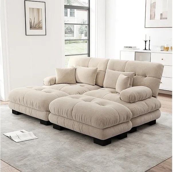 Sofa narożna 2-osobowa + 2 pufy - z 4 poduszkami - tkanina plusz beżowa - 220x145x81cm