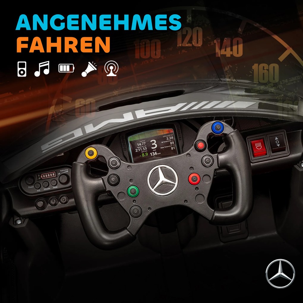 AIYAPLAY Samochód elektryczny Mercedes, samochód na siedzenie dla dzieci, bateria 12V, światła LED, funkcja muzyczna, klakson, 3-8 lat, czarny