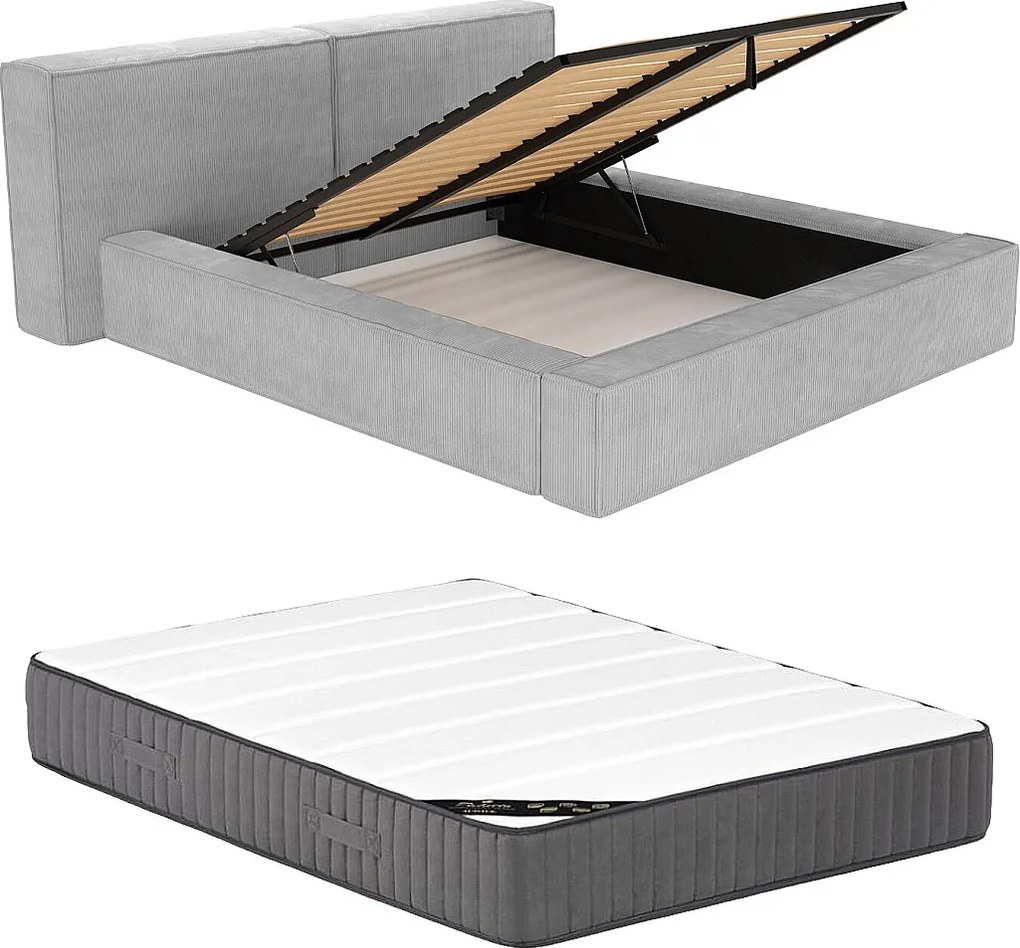 Łóżko ze skrzynią 180 × 200 cm – Sztruks – Jasnoszary + Materac – TIMANO marki Pascal Morabito