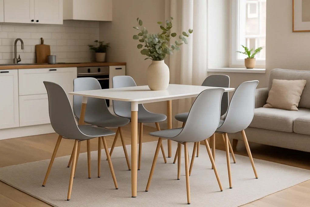 Biały stół + 4 szare krzesła na bukowych nogach W5-H41