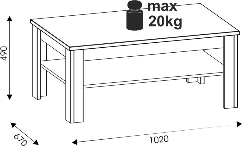 Ława z Półką do Salonu Drewniana DYNAMO 102 cm Dąb evoke Loft