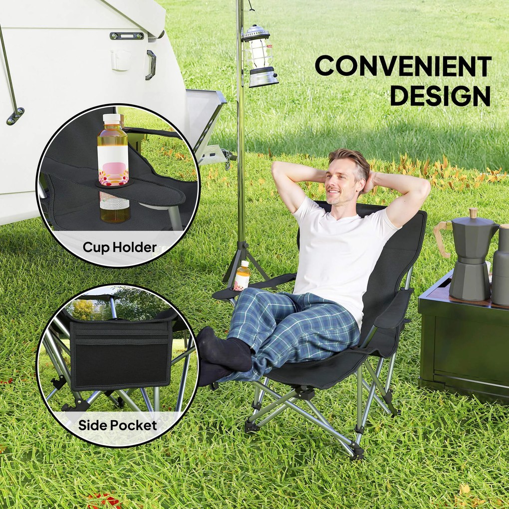 Outsunny Zestaw 2 składanych krzeseł kampingowych z odpinanym podnóżkiem, podgłówkiem i uchwytem na napoje, nośność 120 kg, Czarne