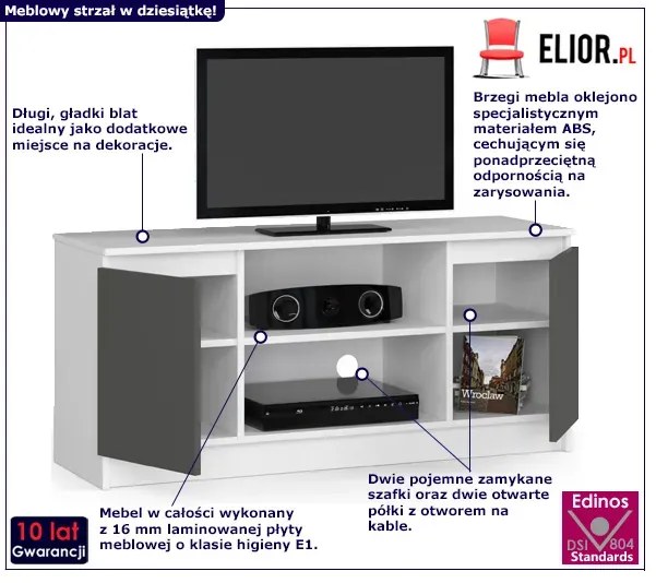 Nowoczesna Szafka Rtv Biała + Grafit / Szary Valano 3X