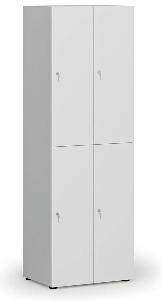 Drewniana szafka skrytkowa S4, 4 schowki, demontaż, zamek cylindryczny, szary/biały