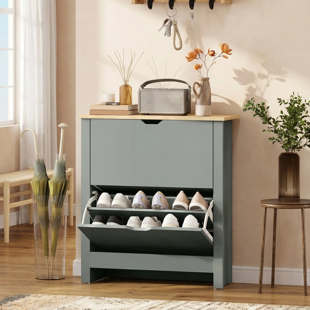 HOMCOM Szafka na buty z 2 klapkami, regulowana przegroda na 8-12 par butów, 72 x 26 x 80 cm, Jasnoszary | Aosom PL