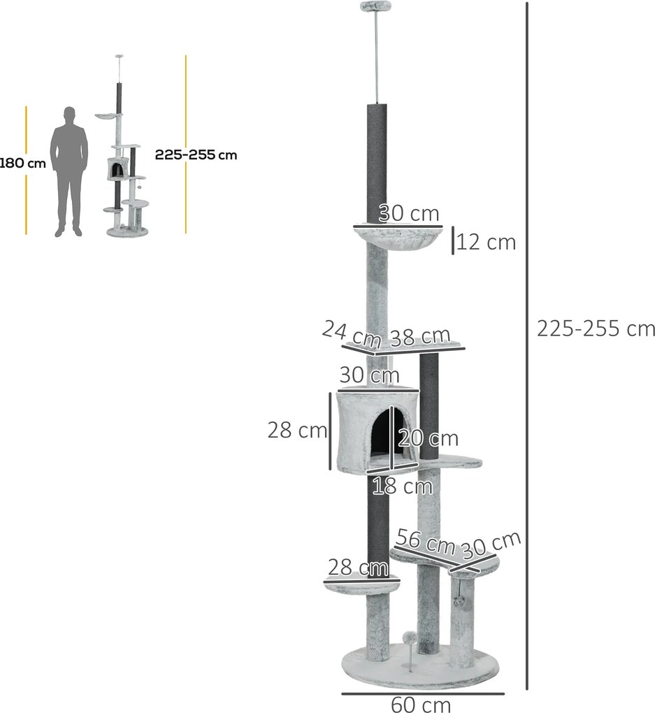 PawHut Drapak dla Kotów z Napinaczem Sufitowym, Hamakiem, Domkiem, Platformami, Piłką, 225-255cm, Szary
