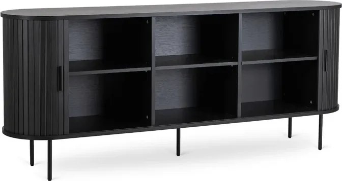 Komoda do Salonu Rozsuwana TRISH 180 cm Czarna Dwudrzwiowa Ryflowana Japandi