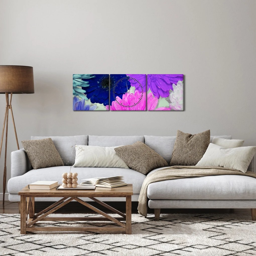Obraz kolorowych kwiatów (z zegarem) (90x30 cm)