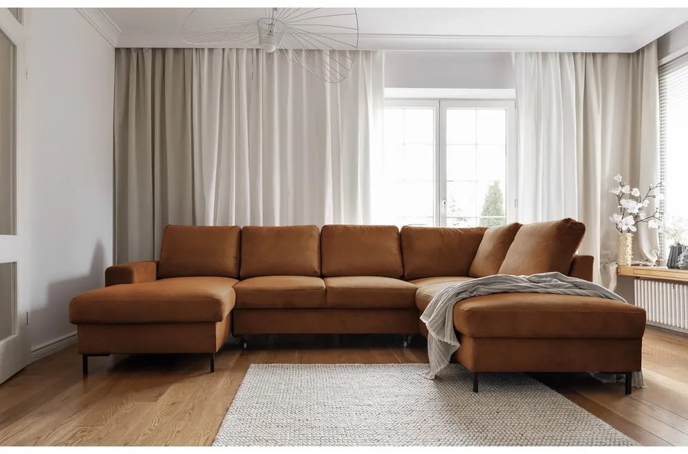 Pomarańczowobrązowy sztruksowy rozkładany narożnik (prawostronny) Lofty Lilly – Miuform