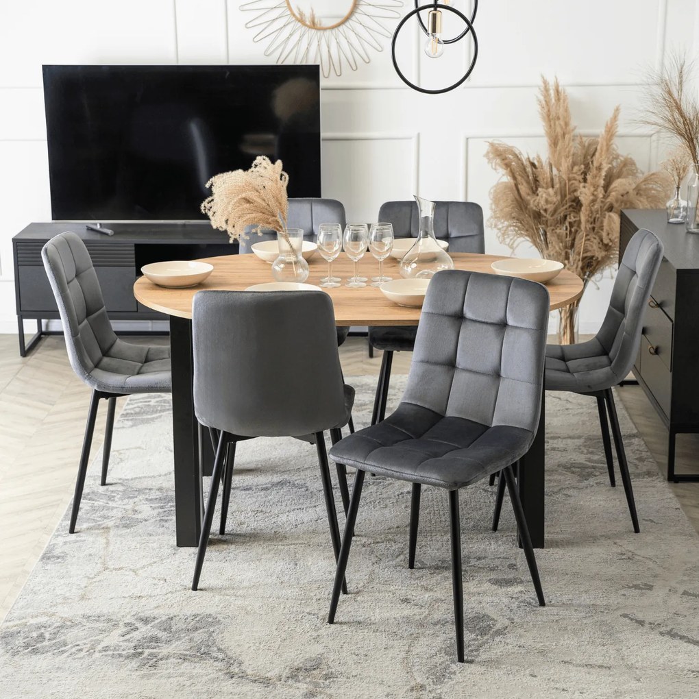 Zestaw Stół Okrągły Rozkładany HARRY 102-142 cm Dąb Craft/Czarny i 6 Krzeseł Tapicerowanych PERU Szarych Welurowych Nowoczesnych