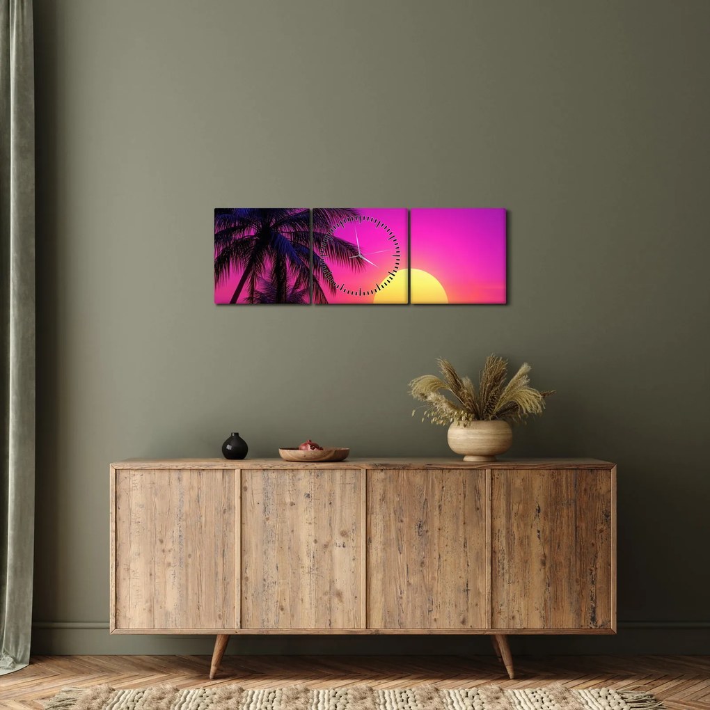 Obraz - Fioletowy zachód słońca z palmą (z zegarem) (90x30 cm)