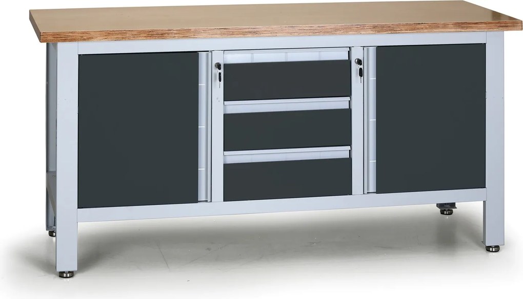 Stół warsztatowy G6, 3 szuflady, 2 szafki, 1690 x 600 x 860 - 900 mm, grafitowy