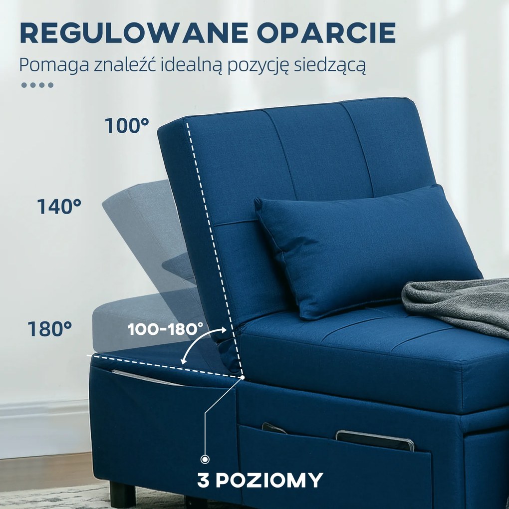 HOMCOM 3-w-1 Rozkładany fotel z boczną kieszenią, łóżko gościnne z poduszką, regulowane oparcie, fotel do spania na kółkach, niebieski
