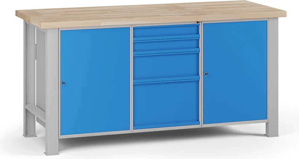 Stół warsztatowy G7, blat bukowy, 1700 x 685 x 840 mm, 2x szafka, 4x szuflada, niebieski