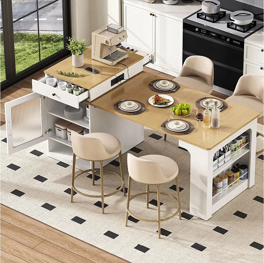 Rozkładany stół barowy z wyjmowanym blatem - 80 x 71/111/151 x 92 cm - z drzwiami + szufladą - MDF + szkło - biały + naturalny