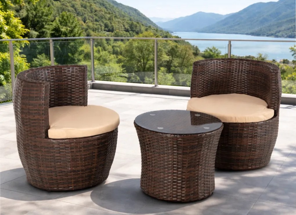 Zestaw mebli balkonowych technorattan Calimera składany - 2 fotele i stolik, brązowy