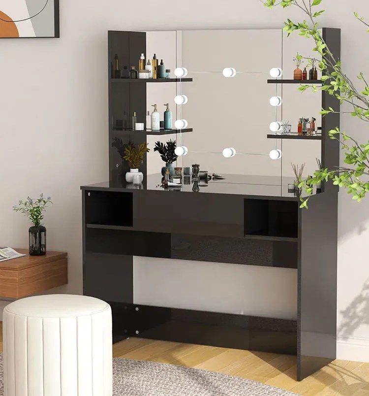Czarna toaletka z lustrem z żarówkami led - Zowros 4X