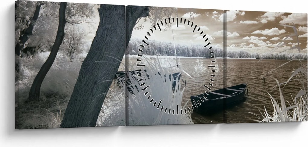 Obraz łodzi na jeziorze (z zegarem) (90x30 cm)