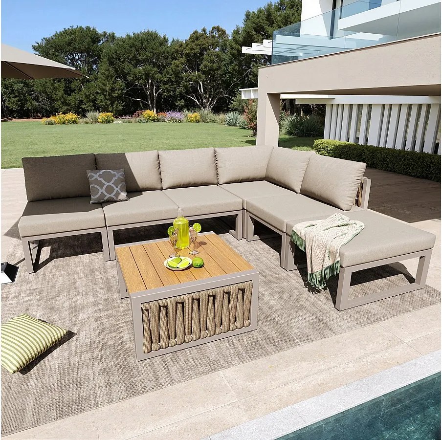 Salon ogrodowy, zestaw mebli, lin, na 5 osób - kanapa narożna - stolik kawowy i drewniany blat - z żelaza ocynkowanego, Beżowy