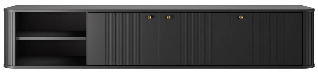 Szafka RTV Vesper 3D wisząca 187 cm na cokole - czarny / złote uchwyty