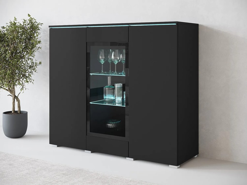 Nowoczesna wysoka witryna 120 cm do salonu z LED, 3-drzwiowa, czarny mat